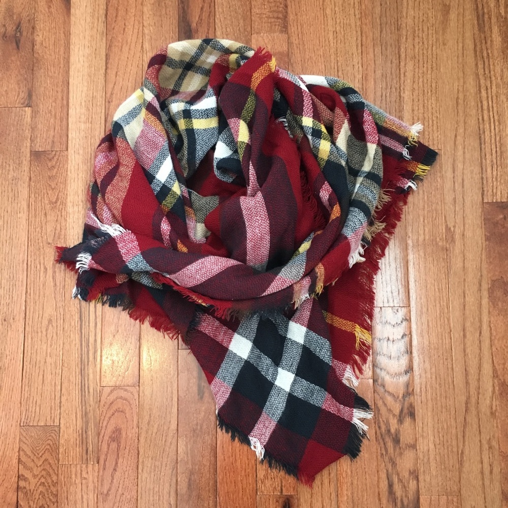 Plaid Red Blue Yelllow Blanket Scarf with toggle